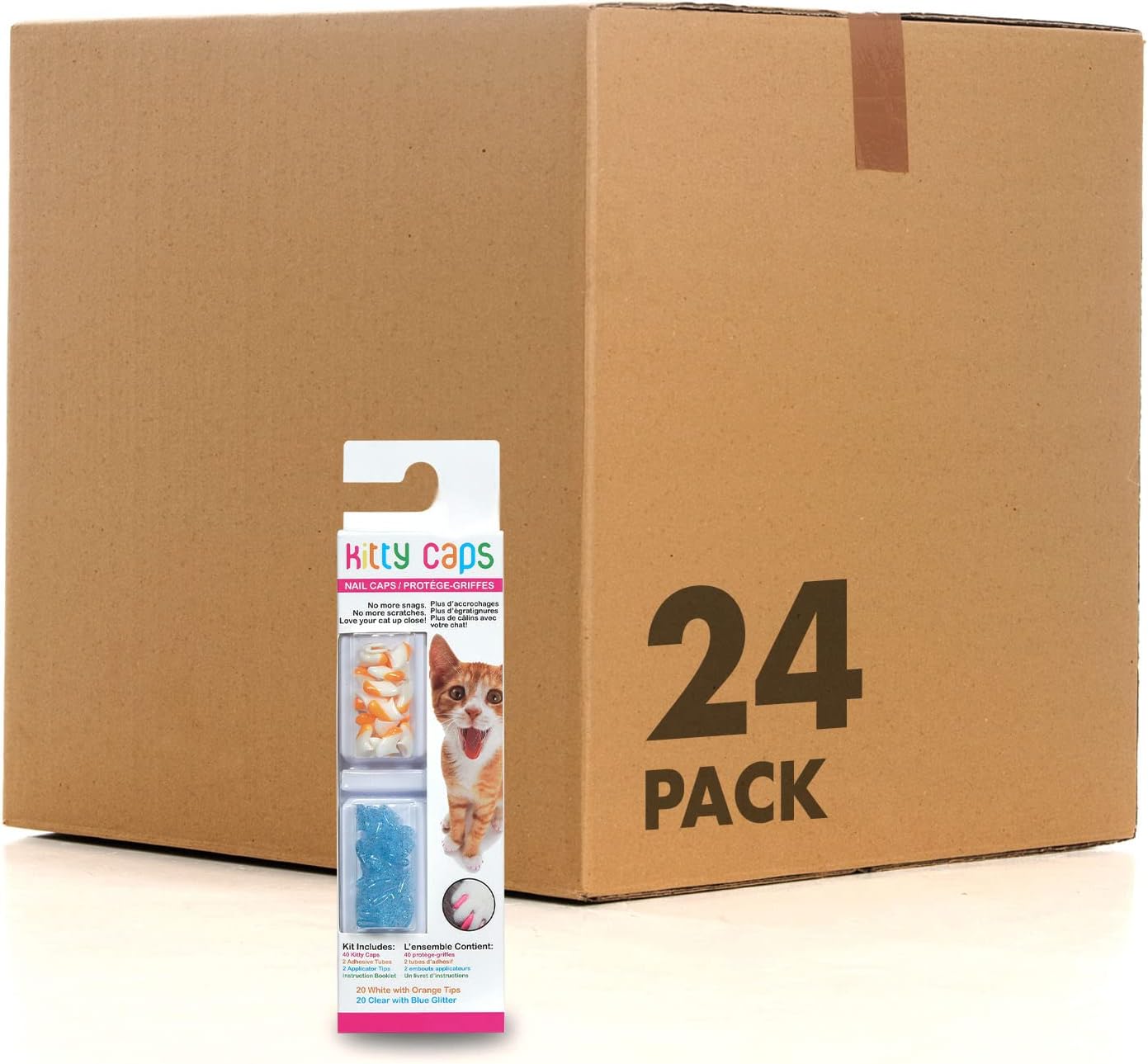 Kitty Caps Nail Caps for Cats, White with Orange & Clear with Blue Glitter - Safe, Stylish & Humane Alternative to Declawing Stops Snags & Scratches, Small (6-8 lbs), 40 Count - 24 Pack