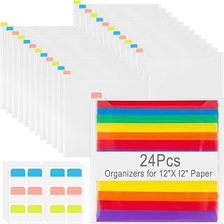 Afcabakila 24 Pack Scrapbook Paper Storage Organizer 12x12 Inch Paper Storage with 60 Sticky Index Tabs Clear Top Loading File Folder for Cardstock Vinyl Photos