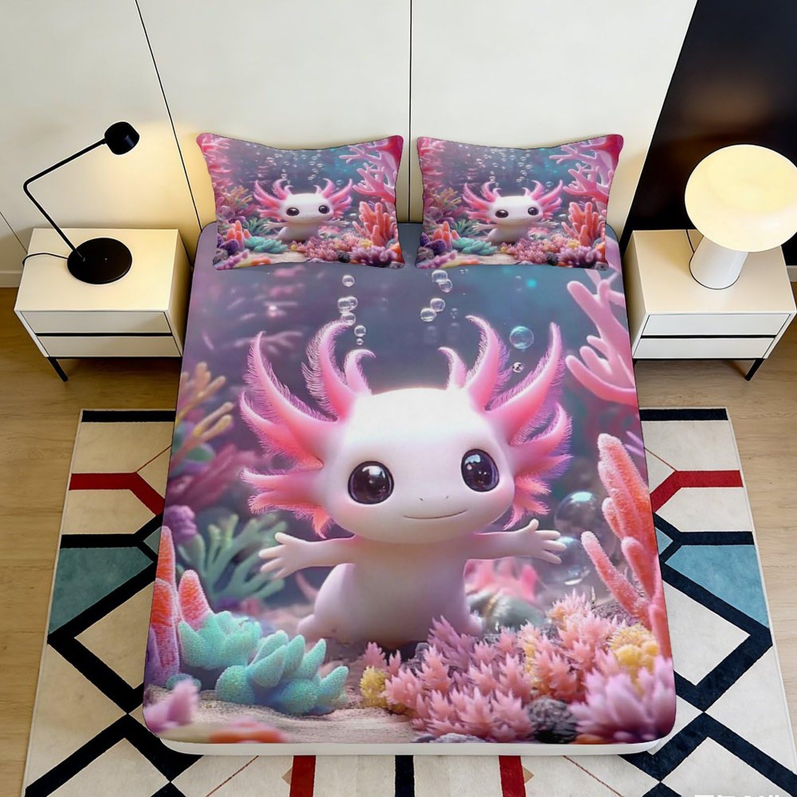 Pnayamiorkfel Style-2 3D Printed Cute Axolotl Fitted Sheet Microfiber Soft Coral Reef Mattress Cover Bedroom Dorm Protector Decor 90X200x25cm