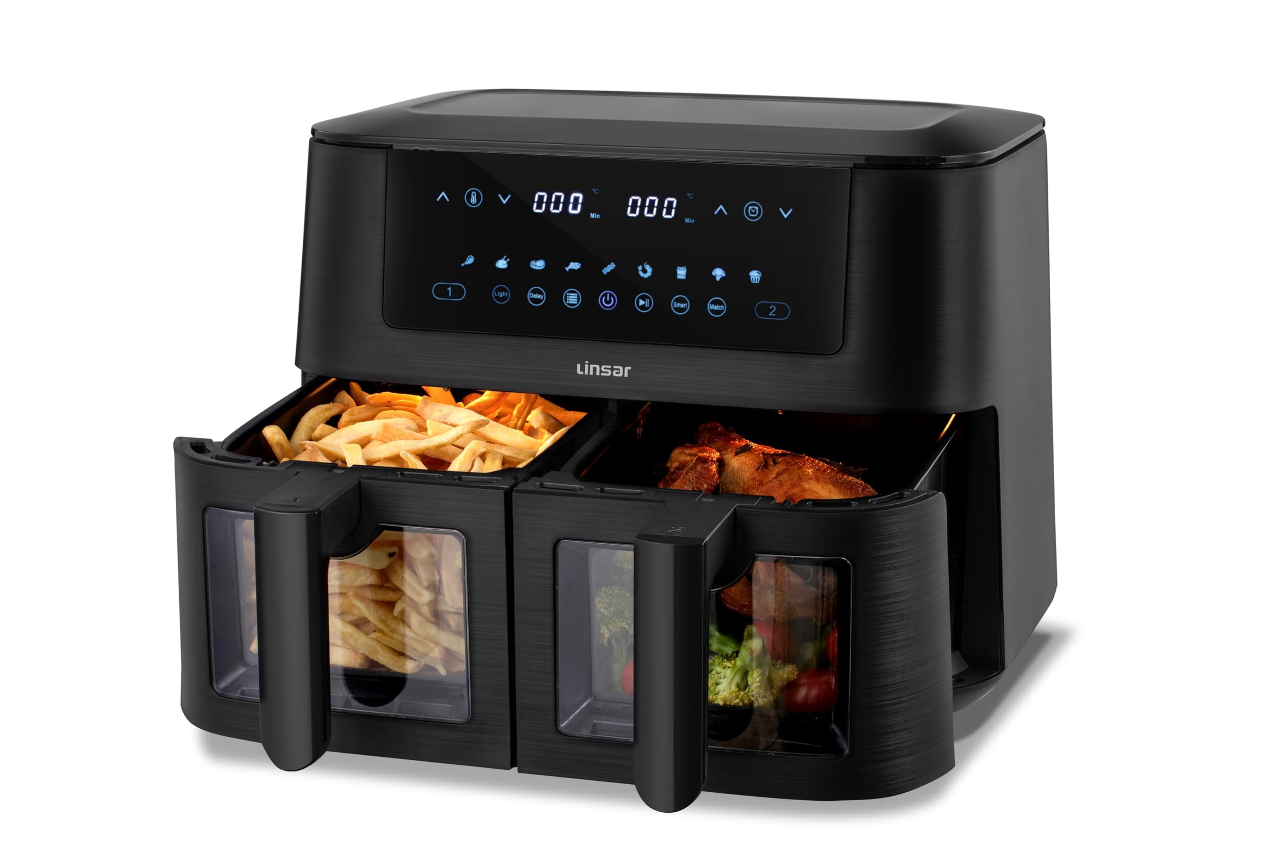 Linsar Dual Zone Heißluftfritteuse mit Doppelkammer, 8L Air Fryer 2 Körben mit Sichtfenster, Touchscreen,9 Presets,Dual Cook, Synchronisieren Fertig Technik, 2570-3040 Watt (Schwarz)