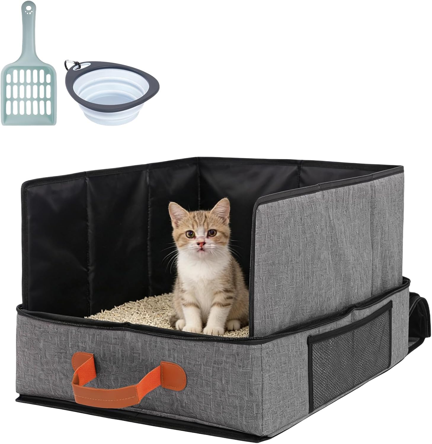 Portable Travel Cat Litter Box, Foldable Cat Litter Box with Zipped Lid, Easy to Carry Clean, for Car Camping, Hotel, Plane, Indoor, Outdoor (Gray 1set)