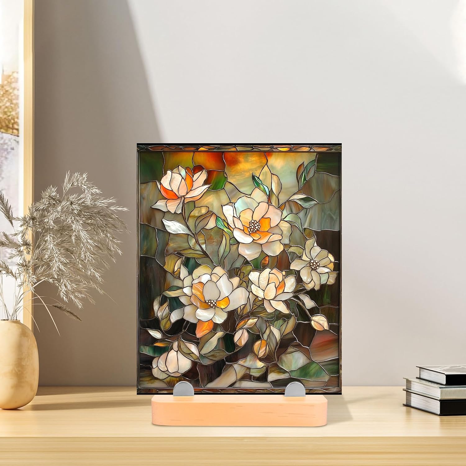 2/4Pcs Wood Adjustable Glass Display Stand Stained Glass Stand for Ceramic Tile Plate Collectible Photo Hardcover Book(Log color,2)