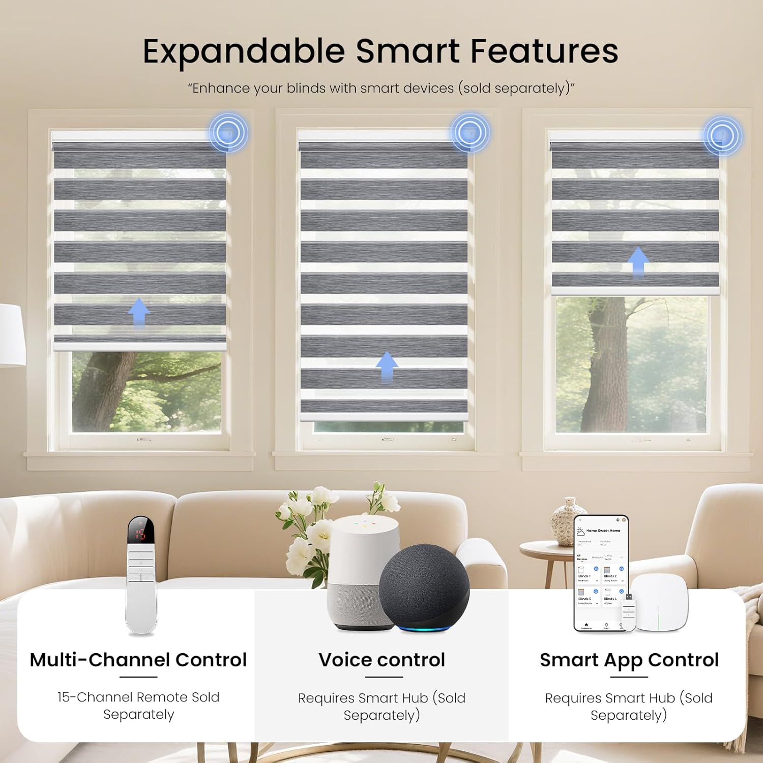 Grandekor Motorized Zebra Blinds with Remote Control,Smart Zebra Blinds for Windows,Electric Zebra Shades, Hemp Grey,23" W x 72" H