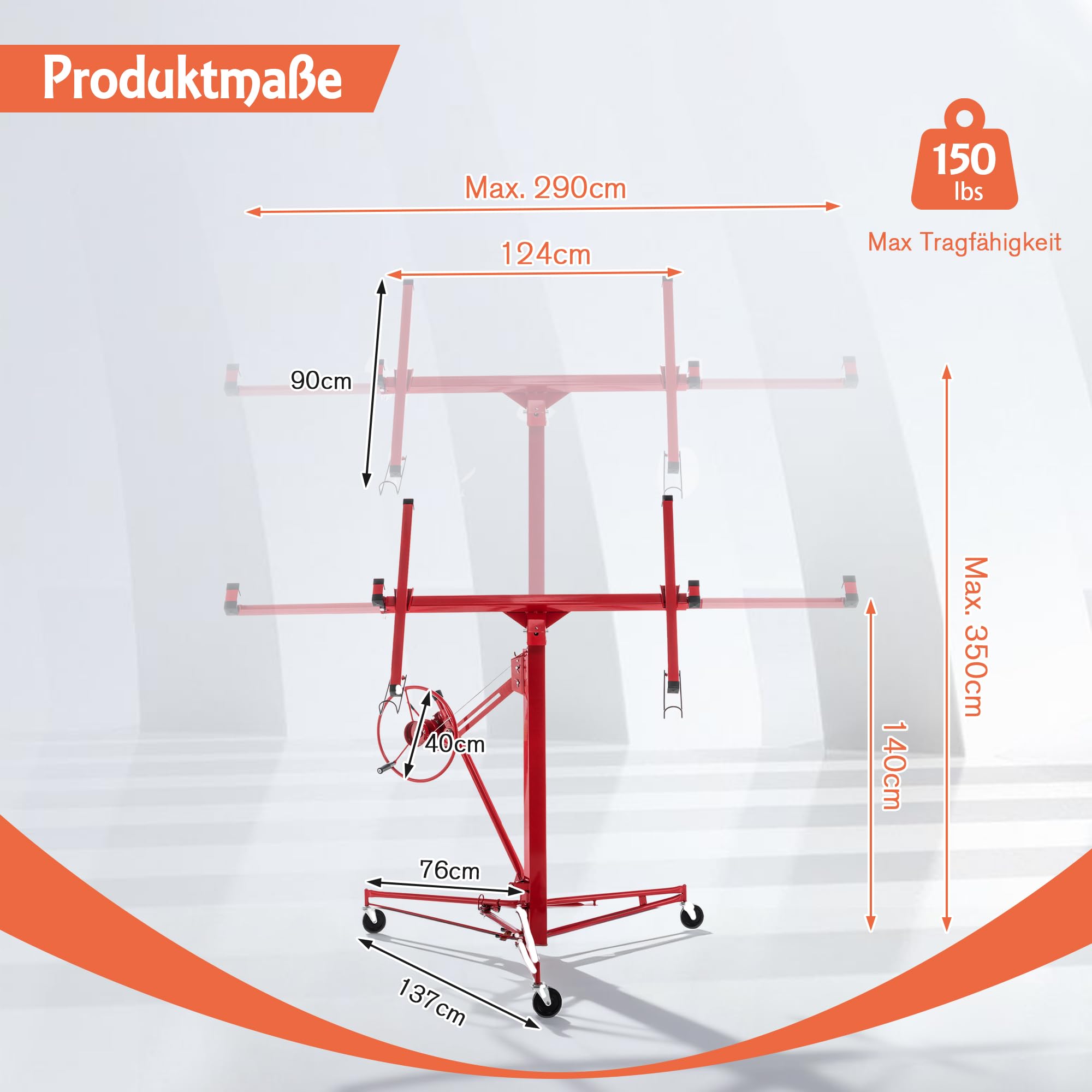 XXL Plattenheber Traglast bis 68 kg Arbeitshöhe 140-350 cm Max. Breite 2,90 m, 1-Mann-Bedienung Trockenbau Montagehilfe Mit 3 Bremse-Rädern für Innenausbau Rot