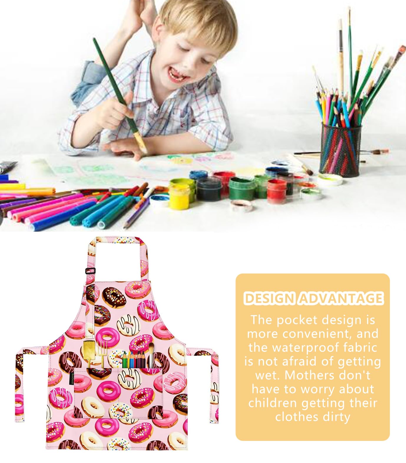 MESU Kids Aprons Cartoon Adjustable Child Chef Apron for Art Painting Gardening Pink - Image 2