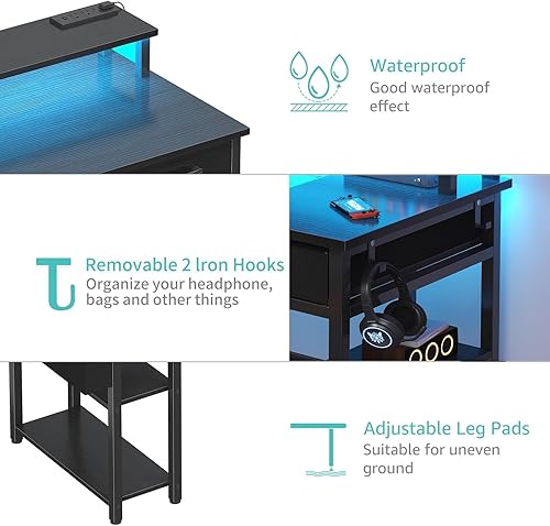 Miniatura 5 de Lufeiya Escritorio para juegos con luces LED y tomas de corriente, escritorio de oficina en casa de 47 pulgadas con soporte para monitor y estantes,