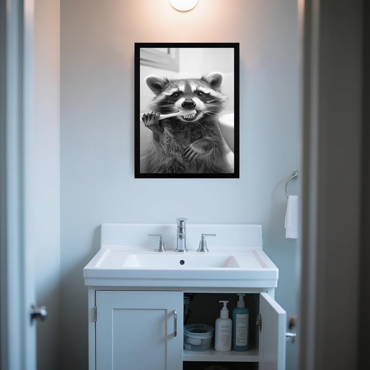 Ovczax Funny Raccoon Brushing Teeth Photo Canvas Wall Art - Bathroom and Kids Room Decor Black And White Wall Art Funny Animal Prints for Pet Stores Hotel Restrooms 16" x 12" Black Wooden Frame
