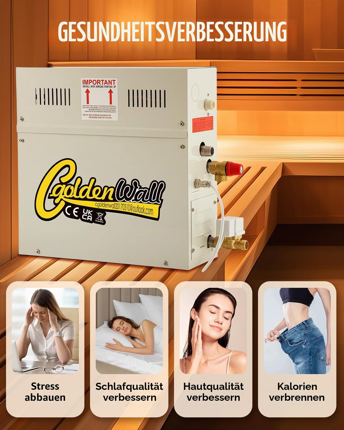 CGOLDENWALL 3 KW Haushalt Sauna Dampfgenerator 220 V, ideal für Sauna/Dusche/Bad/Spa, mit Automatischer Entwässerung, LED-Digital-Regler 35-55℃, für 1.5-3 m3 Raumheizung
