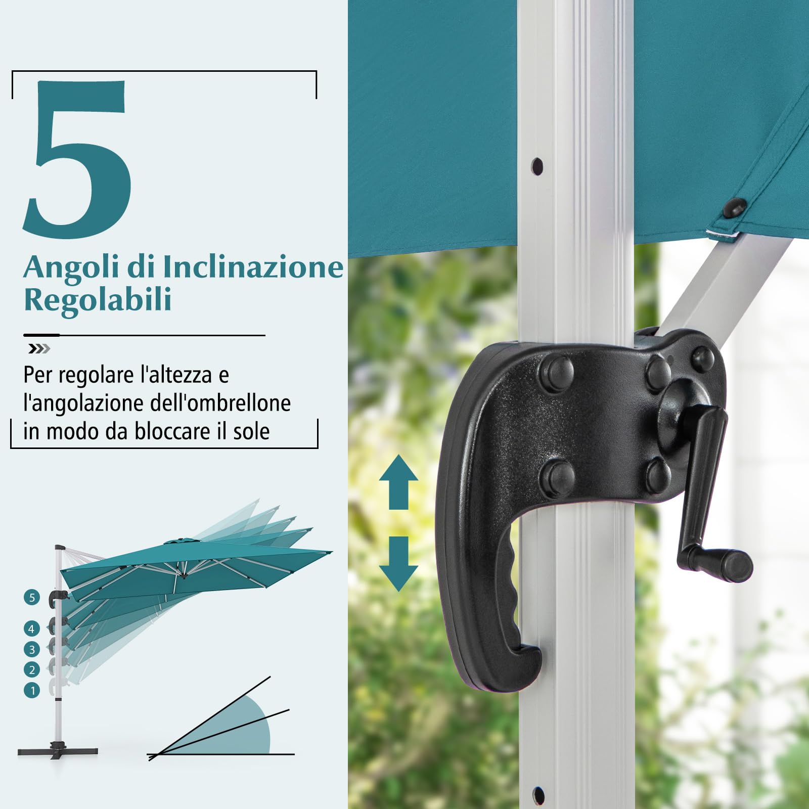 COSTWAY Ombrellone da Giardino 300 cm, Ombrellone Quadrato da Esterno con Rotazione a 360°, Inclinazione Regolabile, Base a Croce, 8 Stecche (Blu)