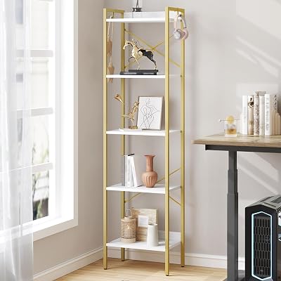 Hzuaneri Bookshelf, Book Shelf,Industrial Bookcase with 2 Hooks