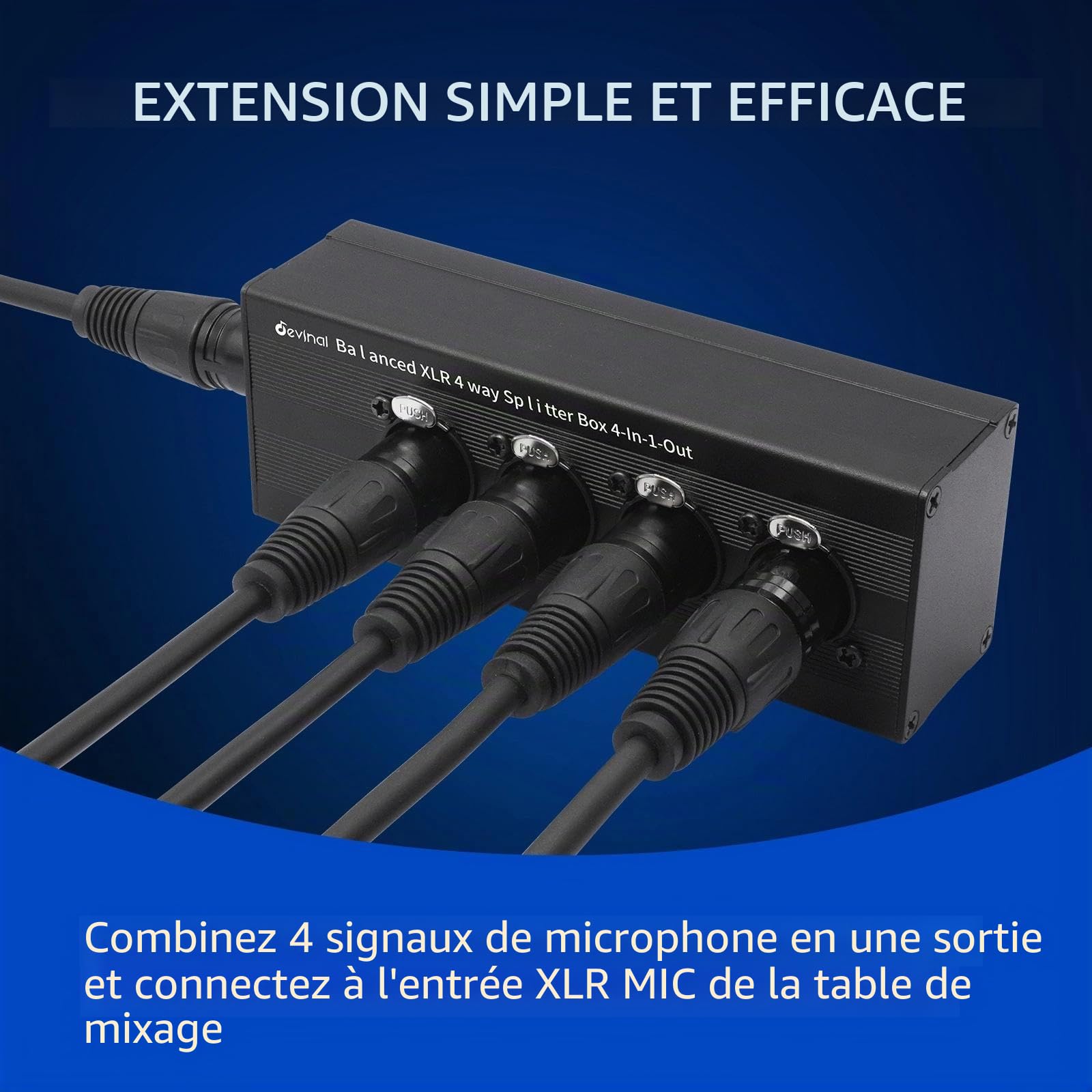 Boîtier répartiteur audio XLR 4 en 1 sortie, convertisseur XLR 4 femelle vers 1 mâle ; câble audio stéréo passif 4 voies