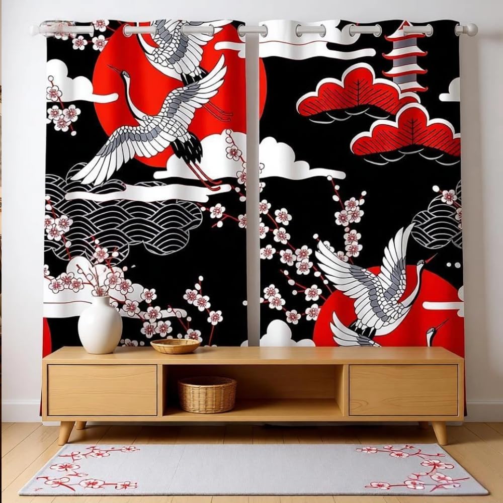 Loussiesd Japanese Style Curtains Crane Curtains Cherry Blossom Window Curtains Japanese Traditional Ukiyoe Theme Window Curtains, Bedroom Kitchen Curtains,W52*L90