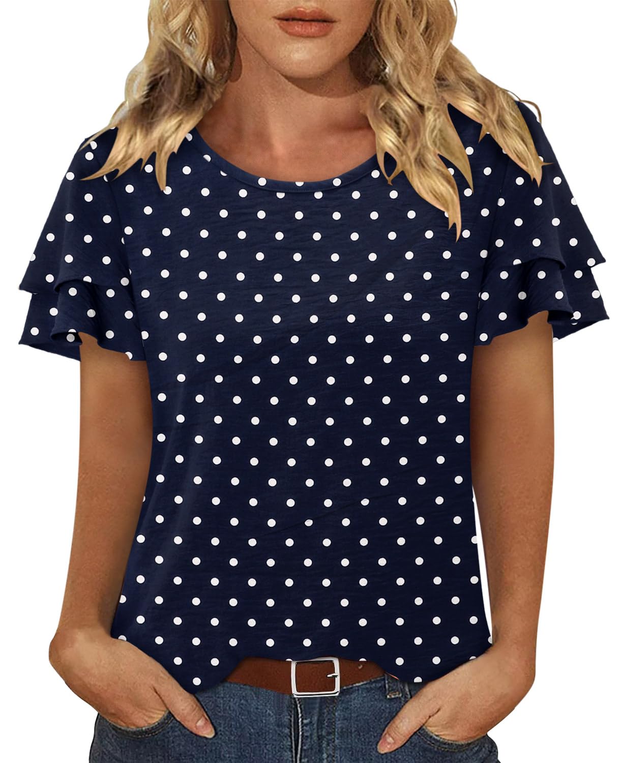 Photo 1 of CRAZY GRID Blouses for Women Short Sleeve Swiss Dot Summer Tops Flowy Casual Spring Clothes Casual Round Neck Tee Blouse