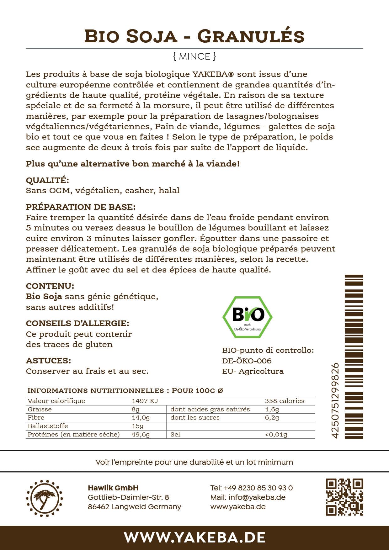 Yakeba | Soja BIO | Haché/Granulés/Eclats | en qualité BIO I Substitut de viande parfait I Pour bolognaises, burgers et bien plus encore (5 KG)