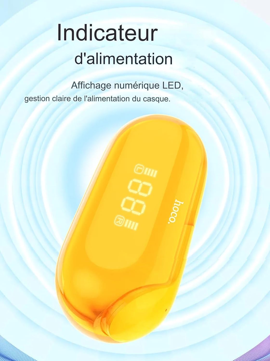 Close-up of the Hoco EW39 charging case digital display indicating battery level.