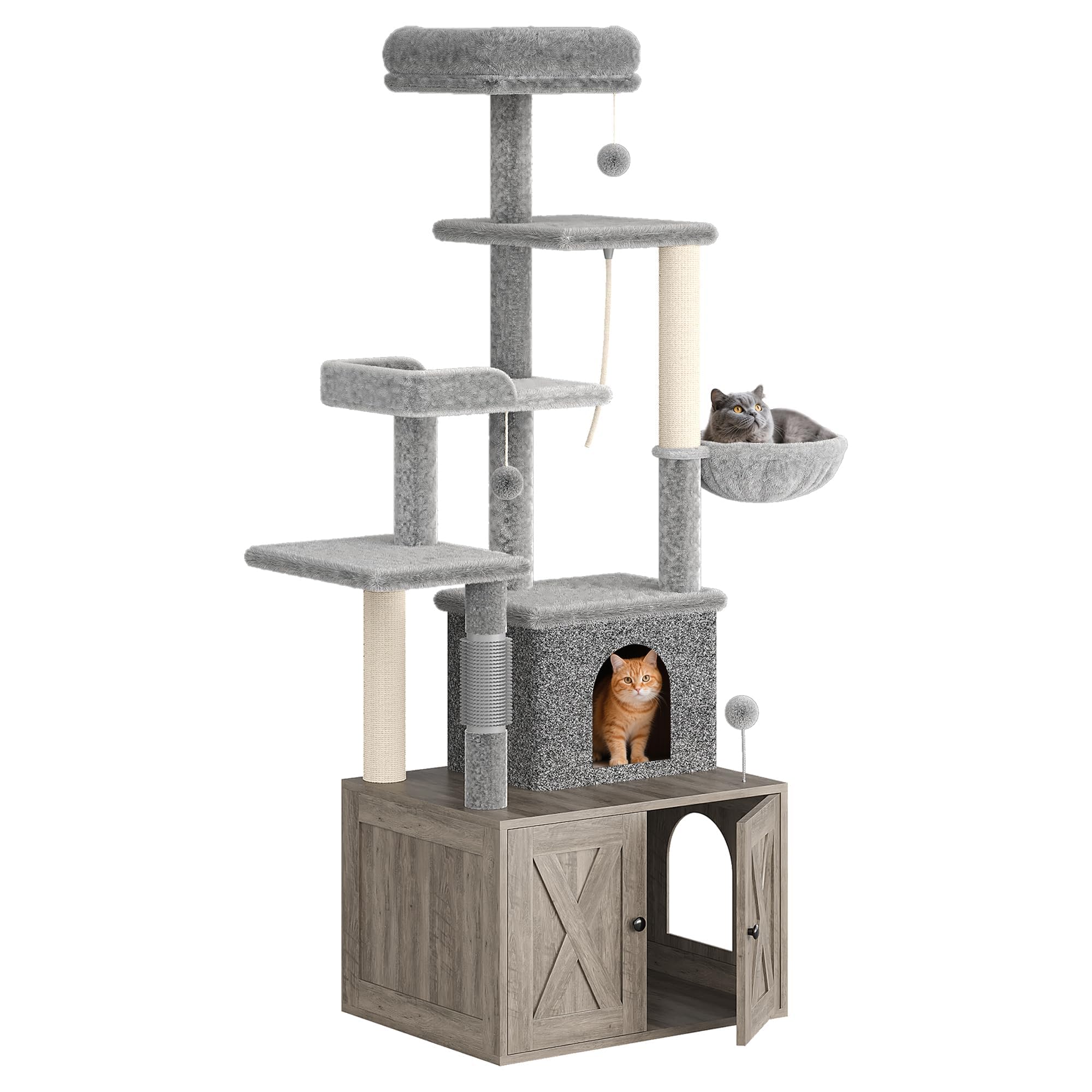Garvee Mueble Arenero para Gatos y Árbol Rascador Grande de 165cm, Torre Multinivel con Escondite de Madera y Postes de Sisal, Estación de Aseo y Centro de Actividades para Mascotas, 60x48x165cm, Gris