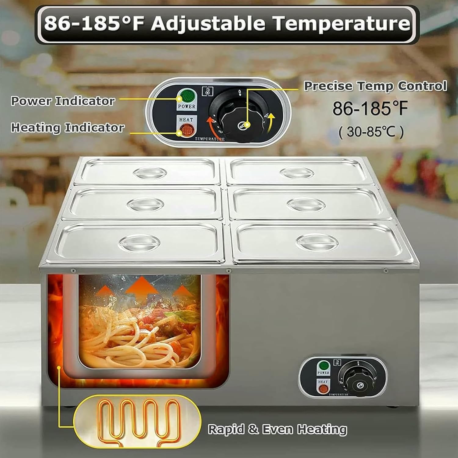 6 Pans Commercial Food Heater, 850 W Electric Vapor Table, Stainless Steel, Large Capacity, 7 L, for Buffet, Catering, Control Range 30-85 ° C ~/