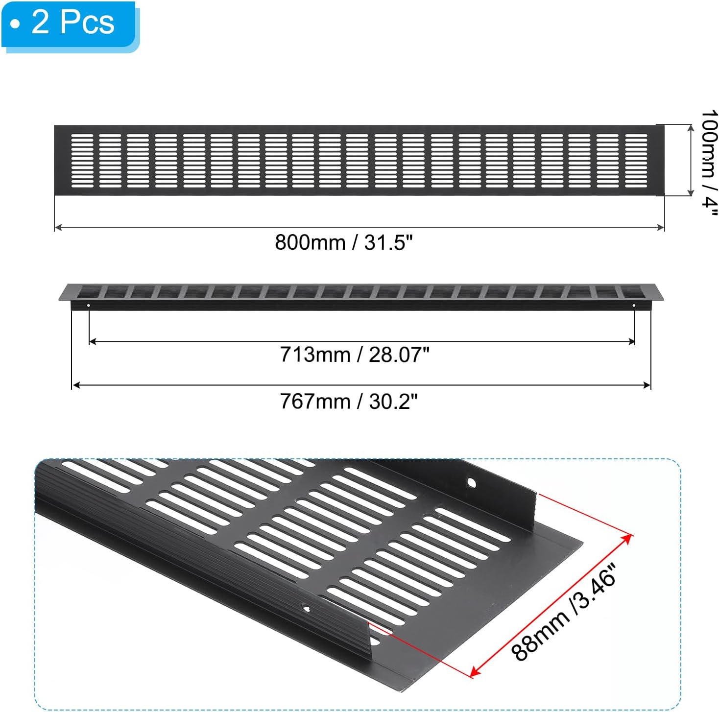 PATIKIL 31.5 x 4 Inch Door Air Vent Cover, 2pcs Aluminum Grille Ventilation Cover Louvered with Mounting Screws for Cabinet Wardrobe Door, Black 31.5x4 inch