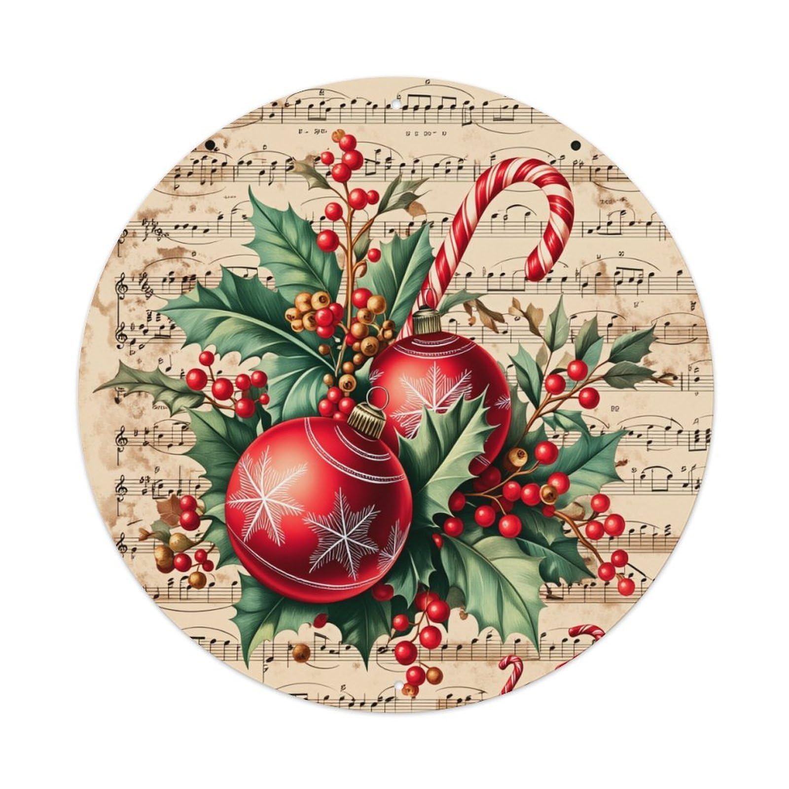 Christmas Ornaments Holly Candy Cane Music Round Tin Sign Vintage Metal Poster, Home Bar Garage Man Cave Cafe Indoor & Outdoor Wall Decoration 8x8Inches