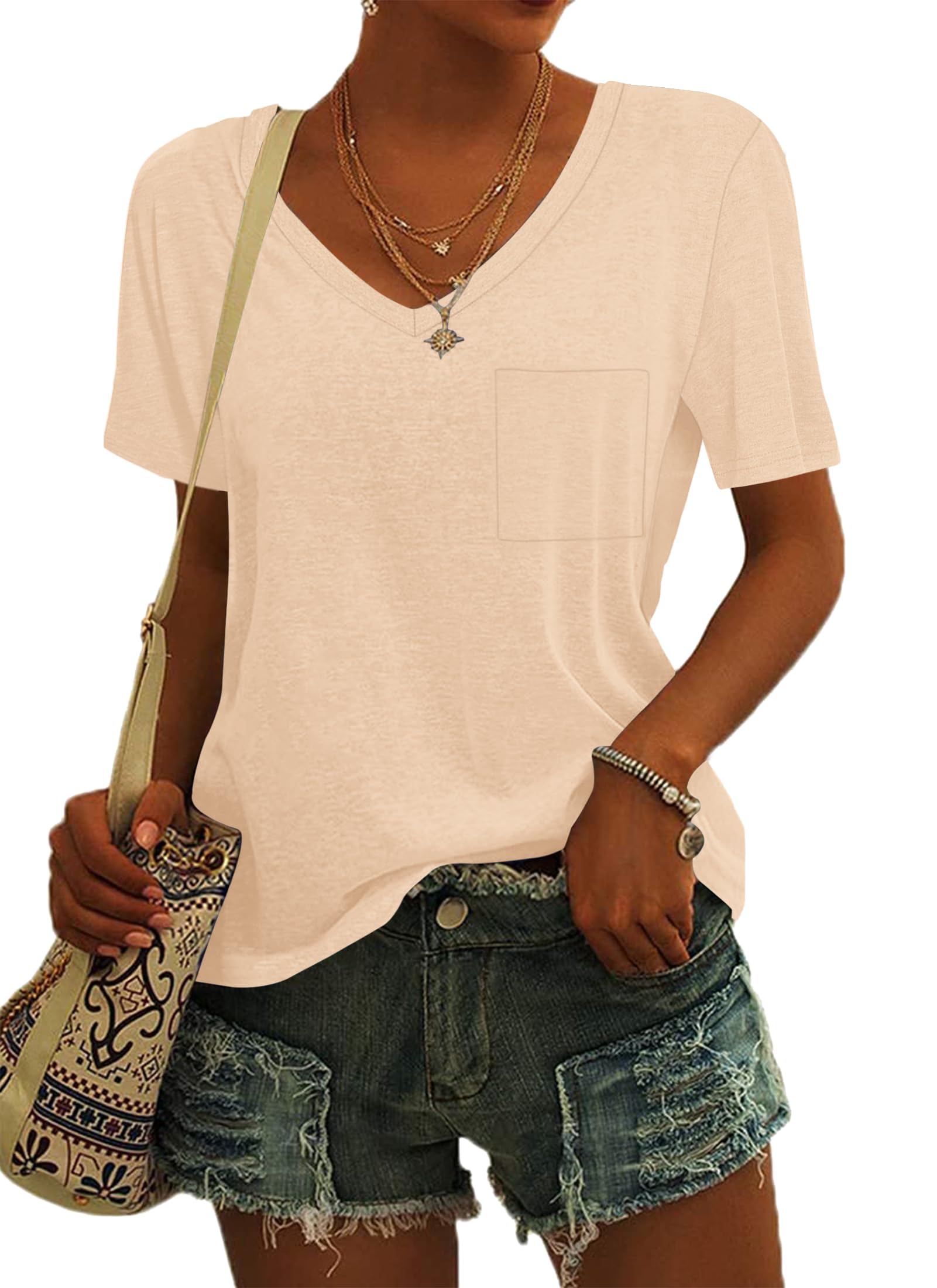MOLERANI Damen T-Shirts Kurzarm V-Ausschnitt Lose Sommer T-Shirts Basic Tunika Tops mit Tasche