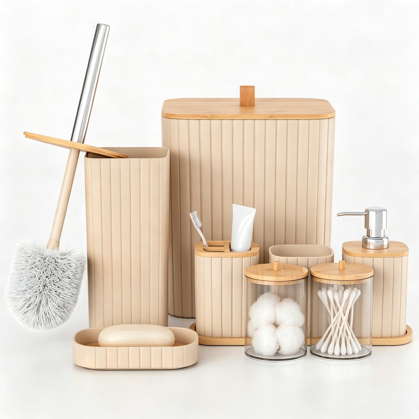 Capslpad Bathroom Accessories Set of 9, Modern Bathroom Accessory Set with Trash Can, Toilet Brush, Toothbrush Holder and Cup, Lotion Soap Dispenser, Soap Dish, Qtip Holder,Tray for Home Decor, Beige
