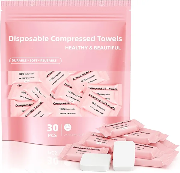 Disposable Compressed Face Towels, Ultra Soft Large Size Compressed Towel Tablets Portable Washcloth Reusable for Travel Camping Hiking Outdoor Sports Beauty Salon (30Pcs)