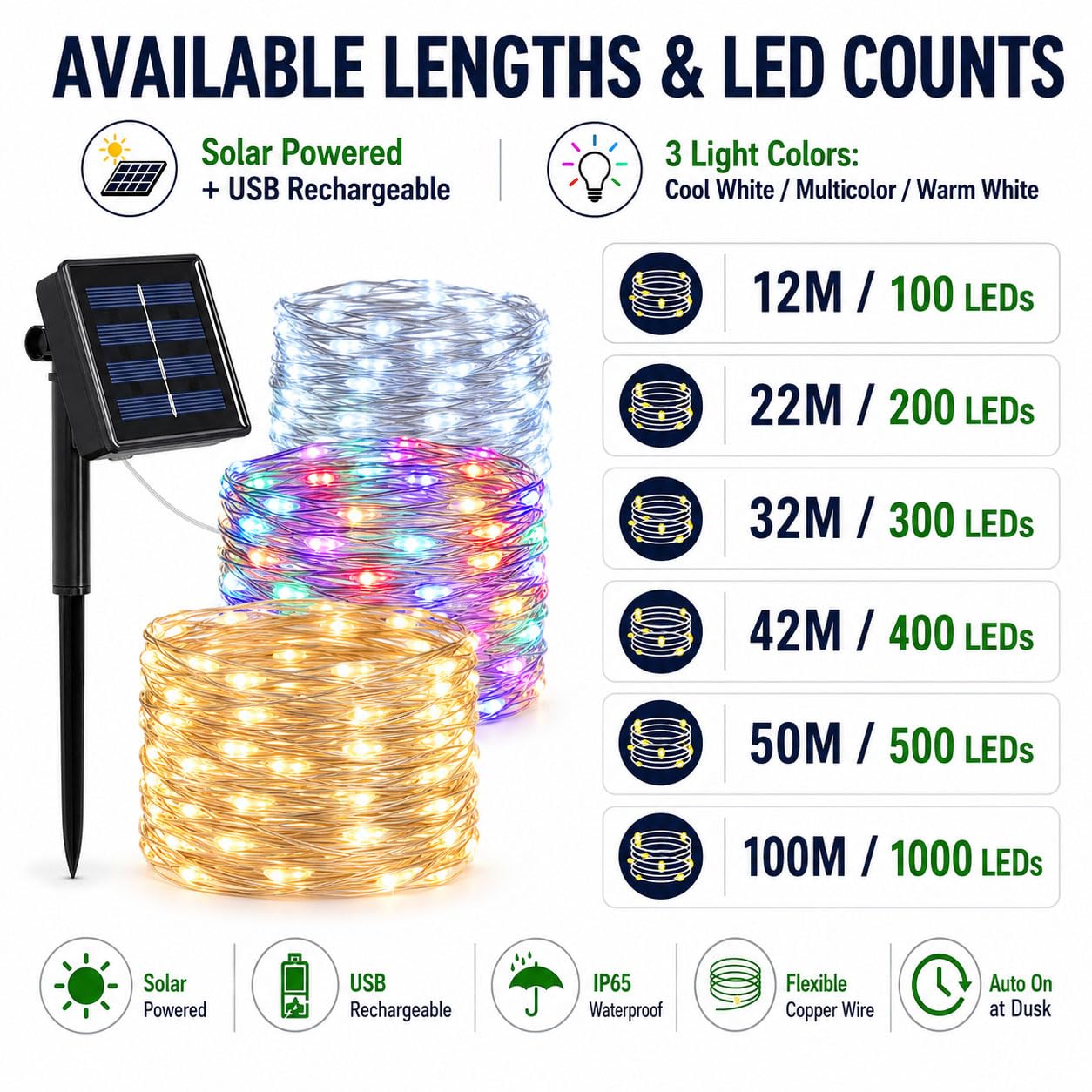 Hiseng Guirlande Lumineuse Exterieure Solaire, LED Solaire Extérieur Pour Deco Jardin Terrasse Balcon, Guirlande Guinguette Étanche 8 Modes Éclairage Pour Camping Fête (Couleur,100M)