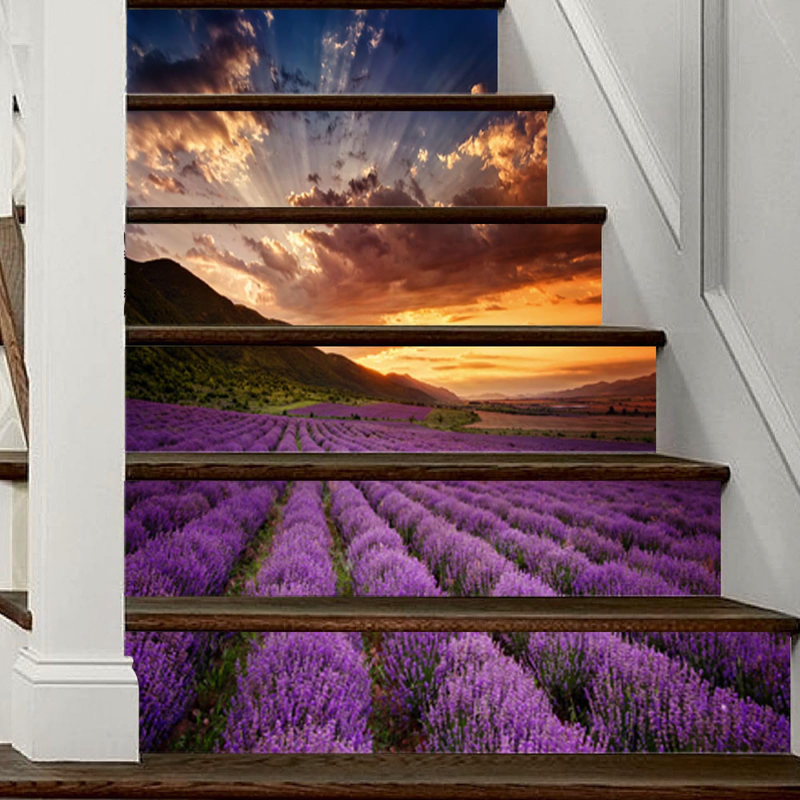 Adesivi Murali Adesivo 3D Viola Lavanda Ocean Staircase Decorazione Murale Soggiorno Camera da Letto Soggiorno Sala da Pranzo