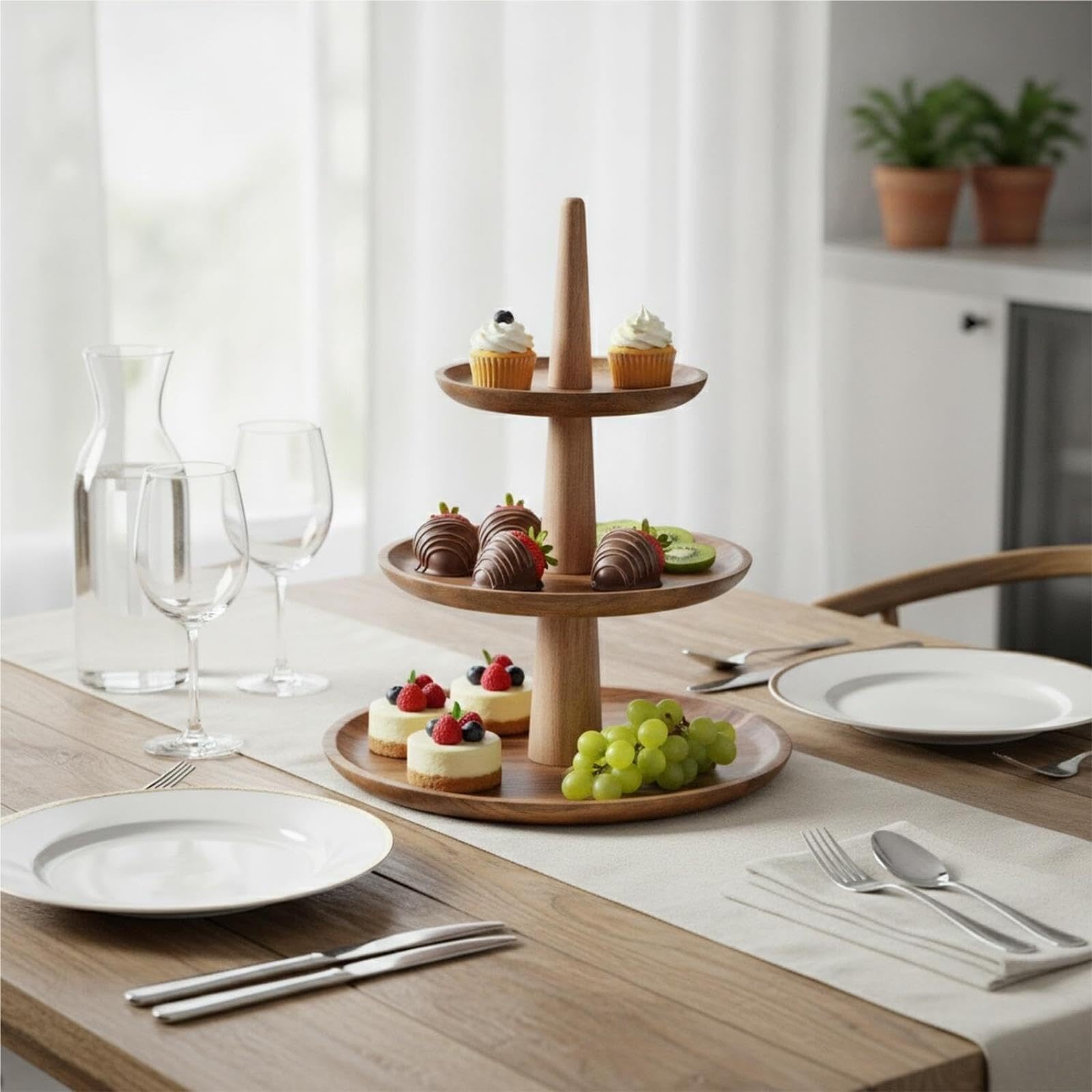 Support à cupcakes à 3 niveaux, plateau de service en bois, décor