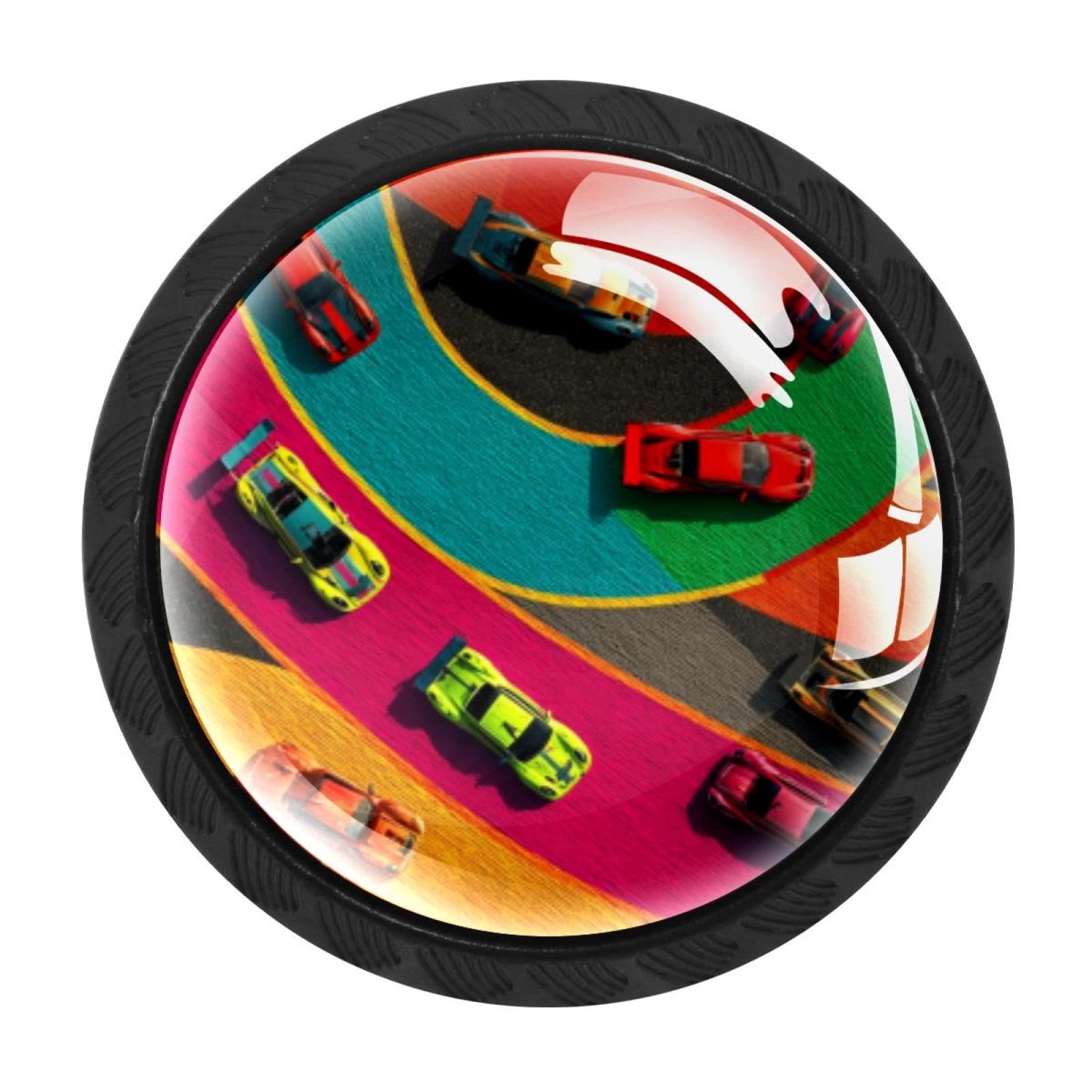 CHENZZZZ Race Cars with Colorful Racing Track Pat (2) Cabinet Knobs 4 Pieces Drawer Kitchen Cabinets Dresser Cupboard Wardrobe Unique Pulls Handles