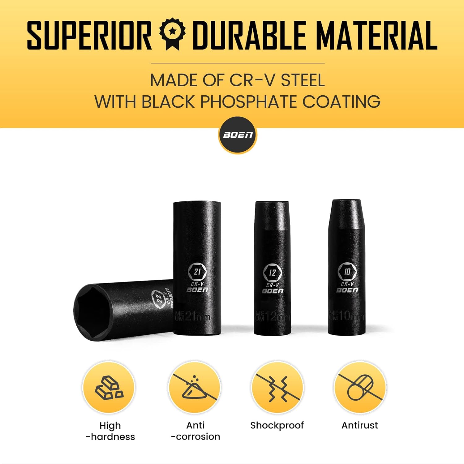BOEN 1/2" Drive Deep Impact Socket Set, 23 Pieces Socket Set | SAE 5/16" to 1"| Metric, 6 Point Design, Cr-V Steel, Portable Storage Case