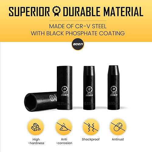 Miniatura 7 de BOEN Juego de llaves de vaso de impacto profundo de 1/2 pulgada, juego de 23 piezas | SAE 5/16 pulgadas a 1 pulgada | métrico, diseño de 6 puntos,