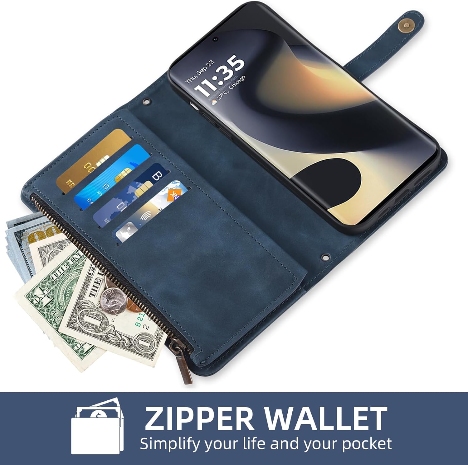 Phone Case for Motorola Edge 2024 5G Wallet Cover with Tempered Glass Screen Protector and Crossbody Wrist Strap Leather Flip Pattern Zipper Credit Card Holder Stand Cell Moto Edge2024 Women Men Blue