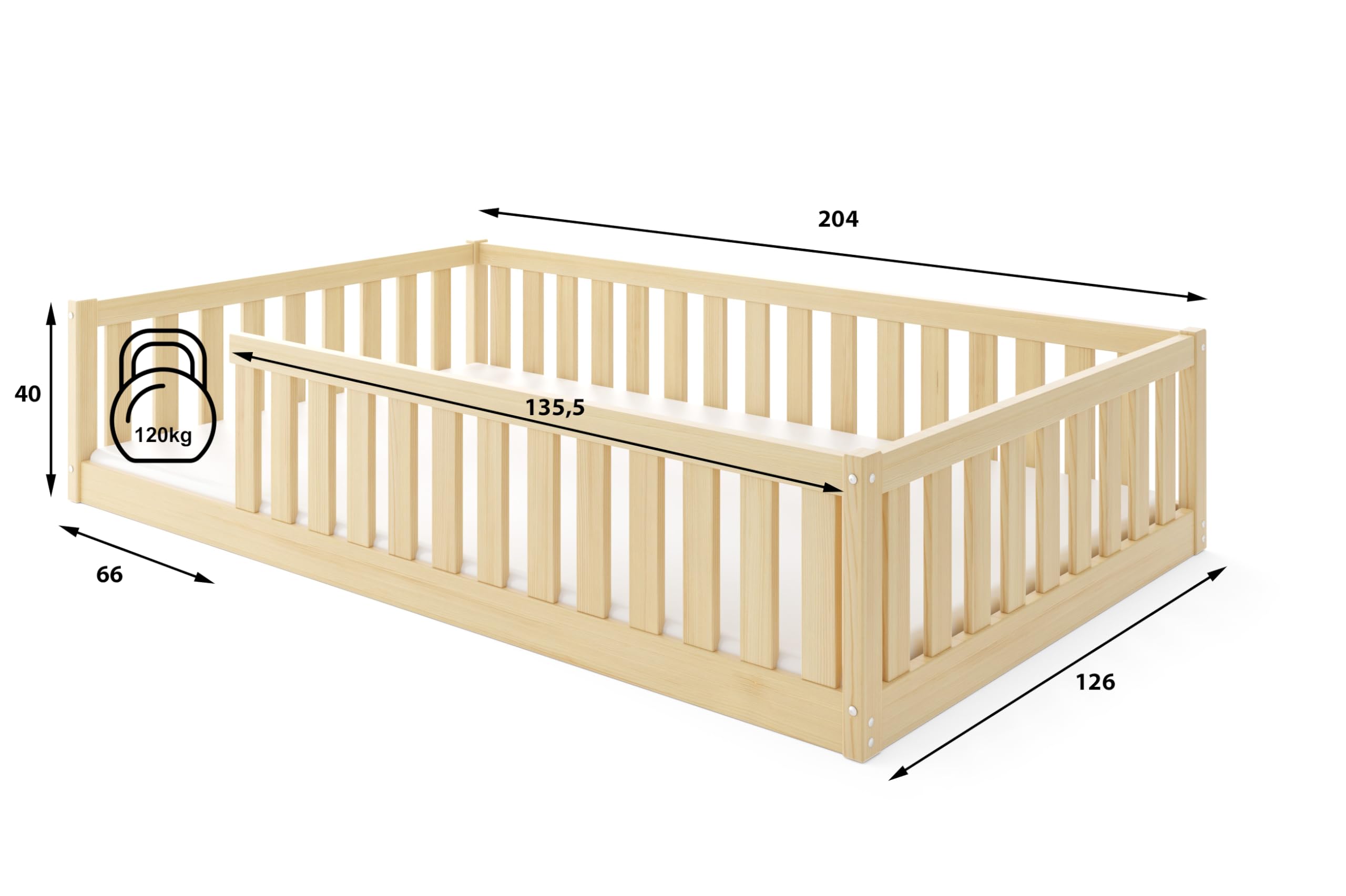 Lit Enfant Bella 120x200 avec Barrière de Sécurité et Sommier à Lattes, Bois Pin Naturel, Montessori
