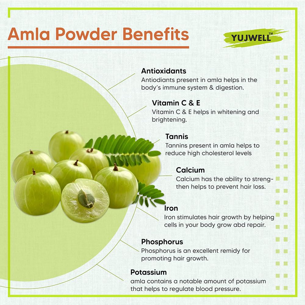 YUJWELL Certified Organic Amla Powder 100g | Natural Superfood | Vitamin C & Antioxidant Rich | Supports Immunity, Hair, Skin, Gut & Heart Health | Ideal For Hair & Face Mask | USDA & India Organic Certified — Amazon image 4