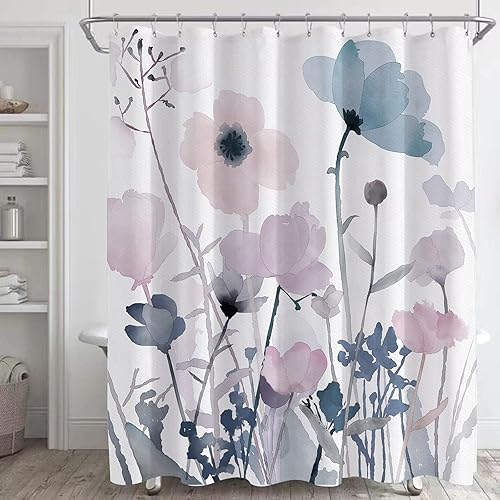 Decoreagy Juego de cortinas de ducha florales, cortinas de ducha de baño de flores rosas rubor, cortina de baño de plantas silvestres azules con 12
