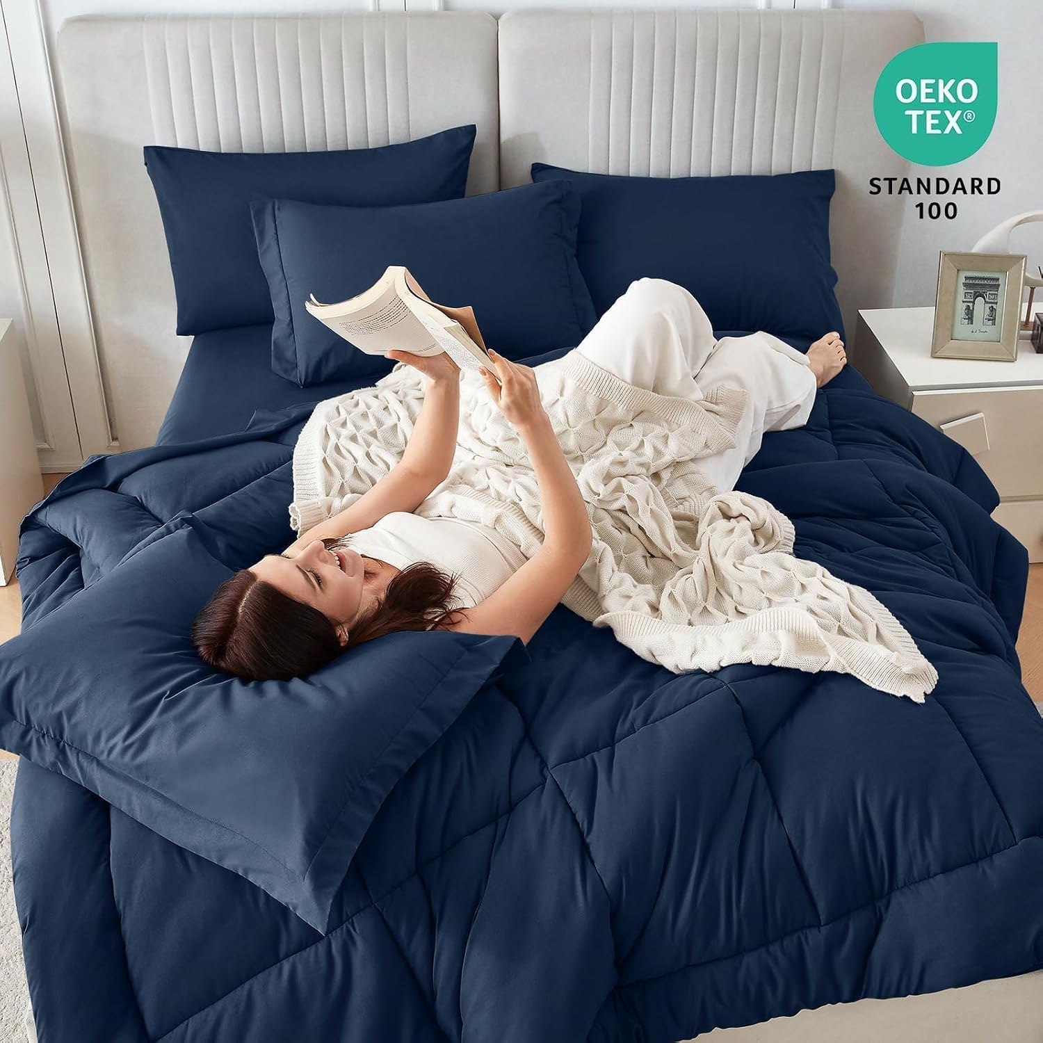 Sasttie Queen Comforter Set 7-Piece, All-Season Bed in a Bag, Navy image 2