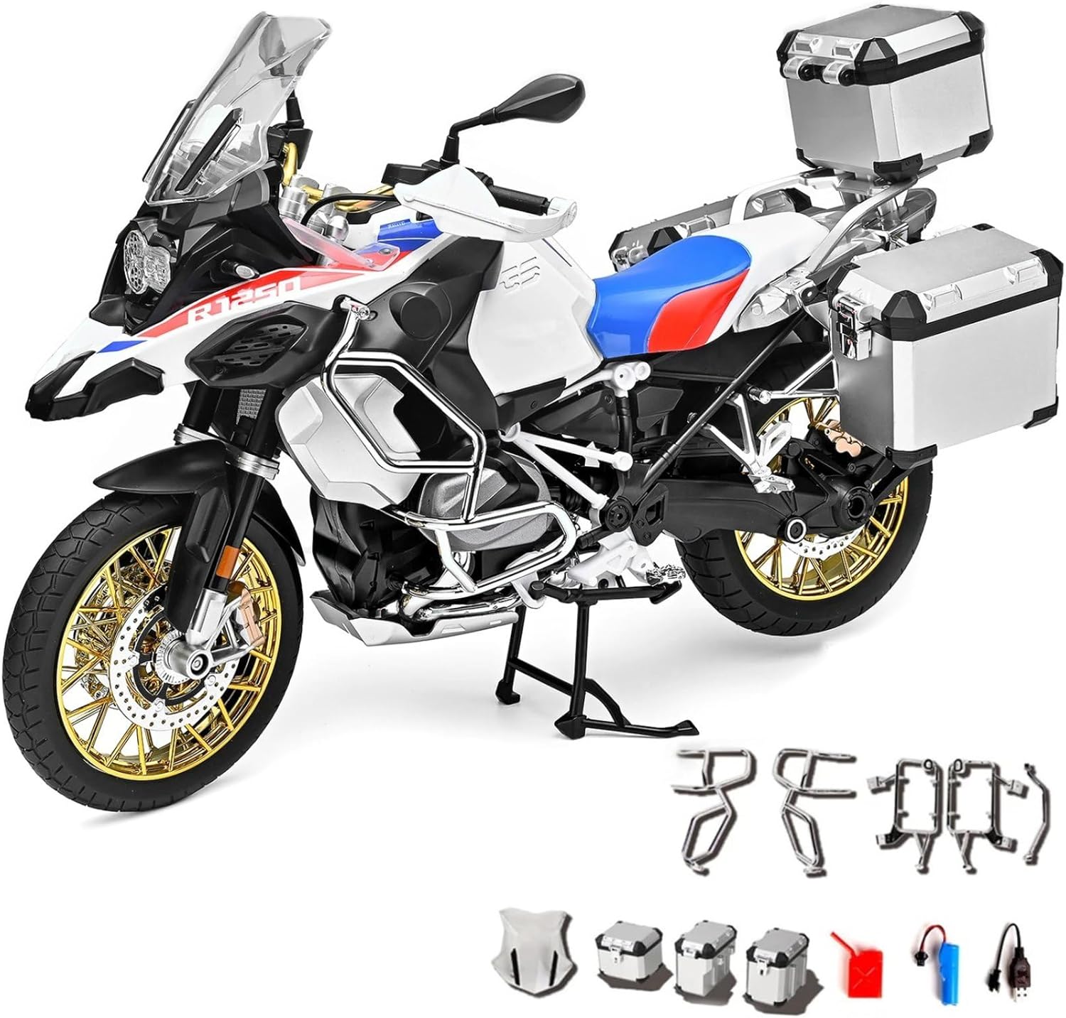 HTLNUZD 1/6 Scale R1250GS ADV Alloy Diecast Motorcycle Model, Collectible Vehicle Toy, Miniature Motorbike for Collection & Gift (white-R1250 with 3 Cases)