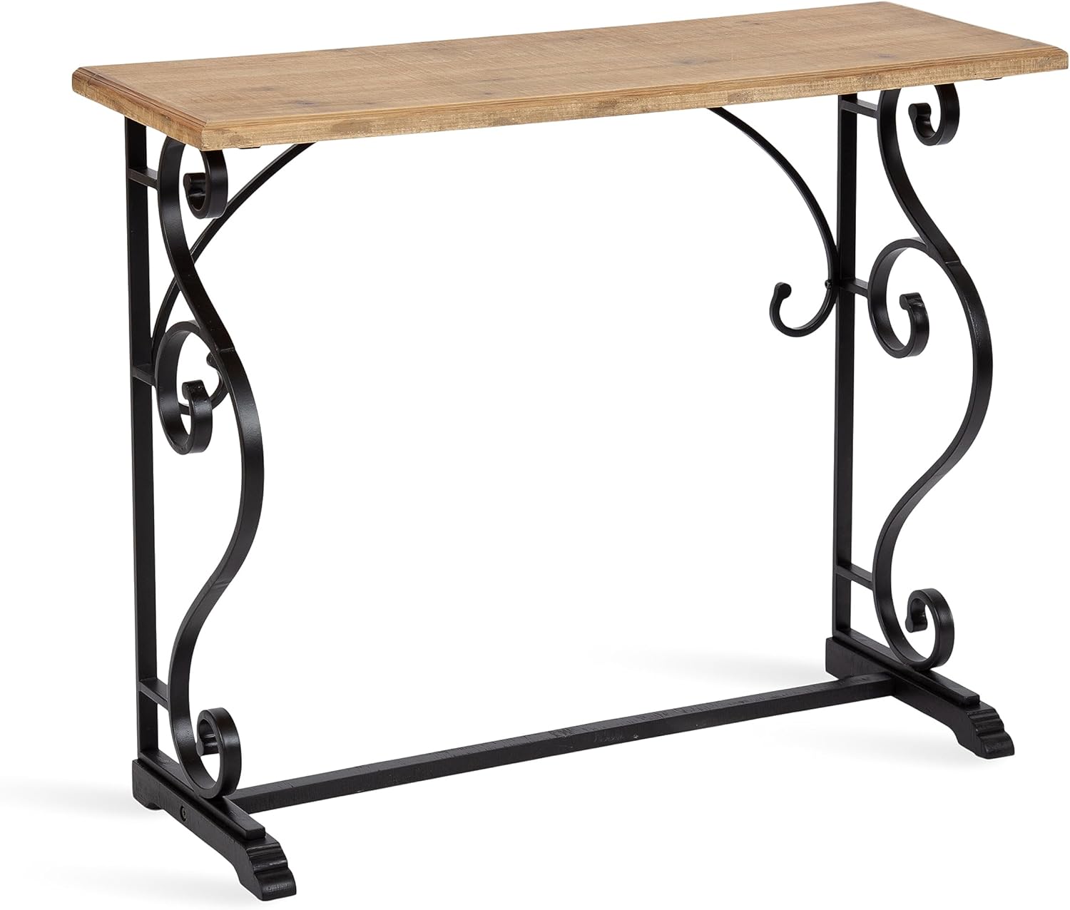 Kate and Laurel Wyldwood Solid Wood Farmhouse Console Table, 36 x 13 x 30, Hazelnut and Black, Rustic Ornate Wood and Metal Entryway Table with Unique Scrolling Base Design