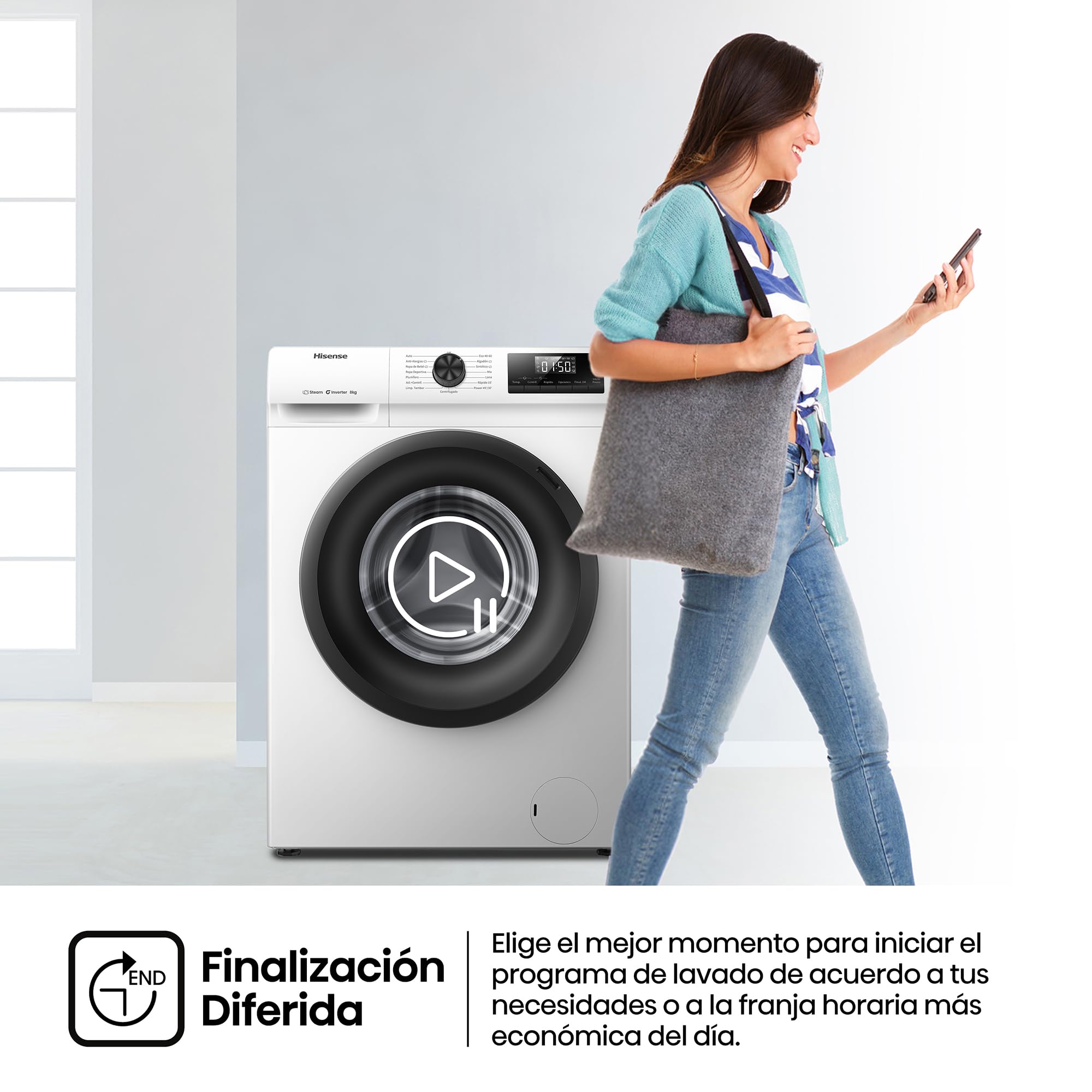 Hisense WF1Q8041BW - Lavadora, Class A, 8 Kg, 1400 rpm, Alto 85 cm x Ancho 60 cm, Color Blanco, Función Vapor 99,9%, Lavado Rápido+, Lavado Automático, Finalización Diferida, Tecnología Inverter