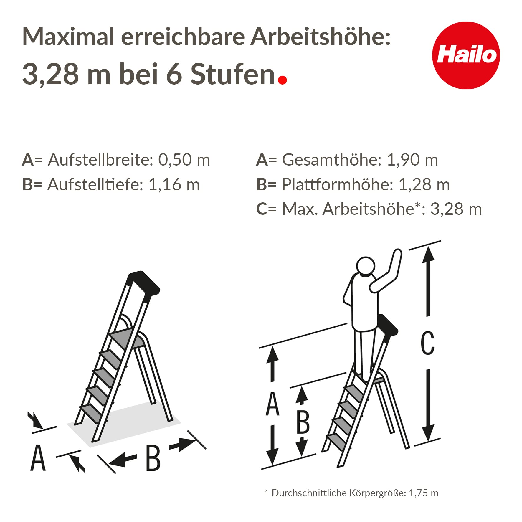 Hailo Stehleiter ComfortLine, 6 XXL-Stufen bis 150 kg, Leiter aus Aluminium mit Ablage & tiefer Standfläche, klappbare Aluleiter rostfrei, Silber, Aktuelles Modell L80, Made in Germany