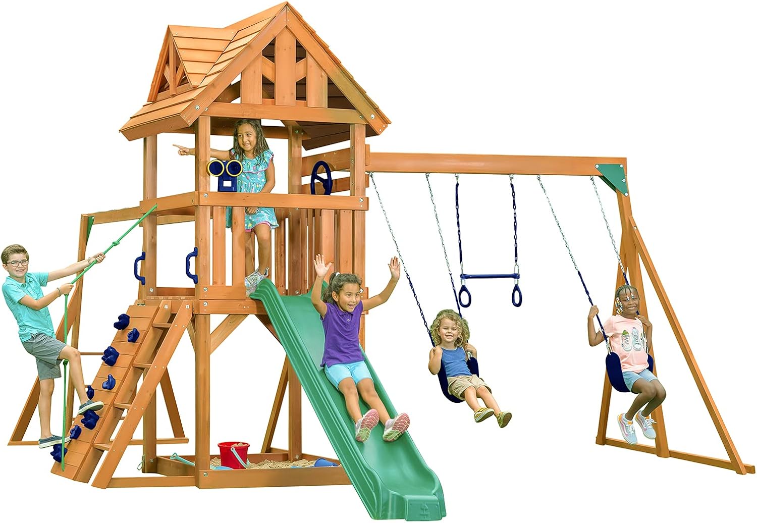 Amazon Com Mountain View Lodge Wooden Swingset W Wood Roof Choose Your Accessory Slide Color Yellow Accessories Green Slide Toys Games