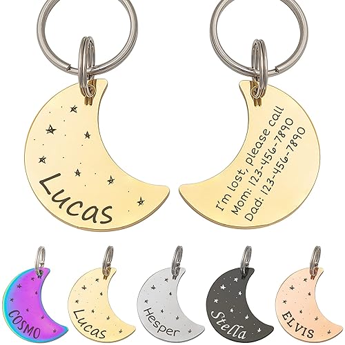Anavia Starry Sky Theme Pet ID Tags in Half Moon & Star Shape, Personalized Dog Name Tag Cat Tag, Glossy Stainless Steel Gold Plated Black Rainbow