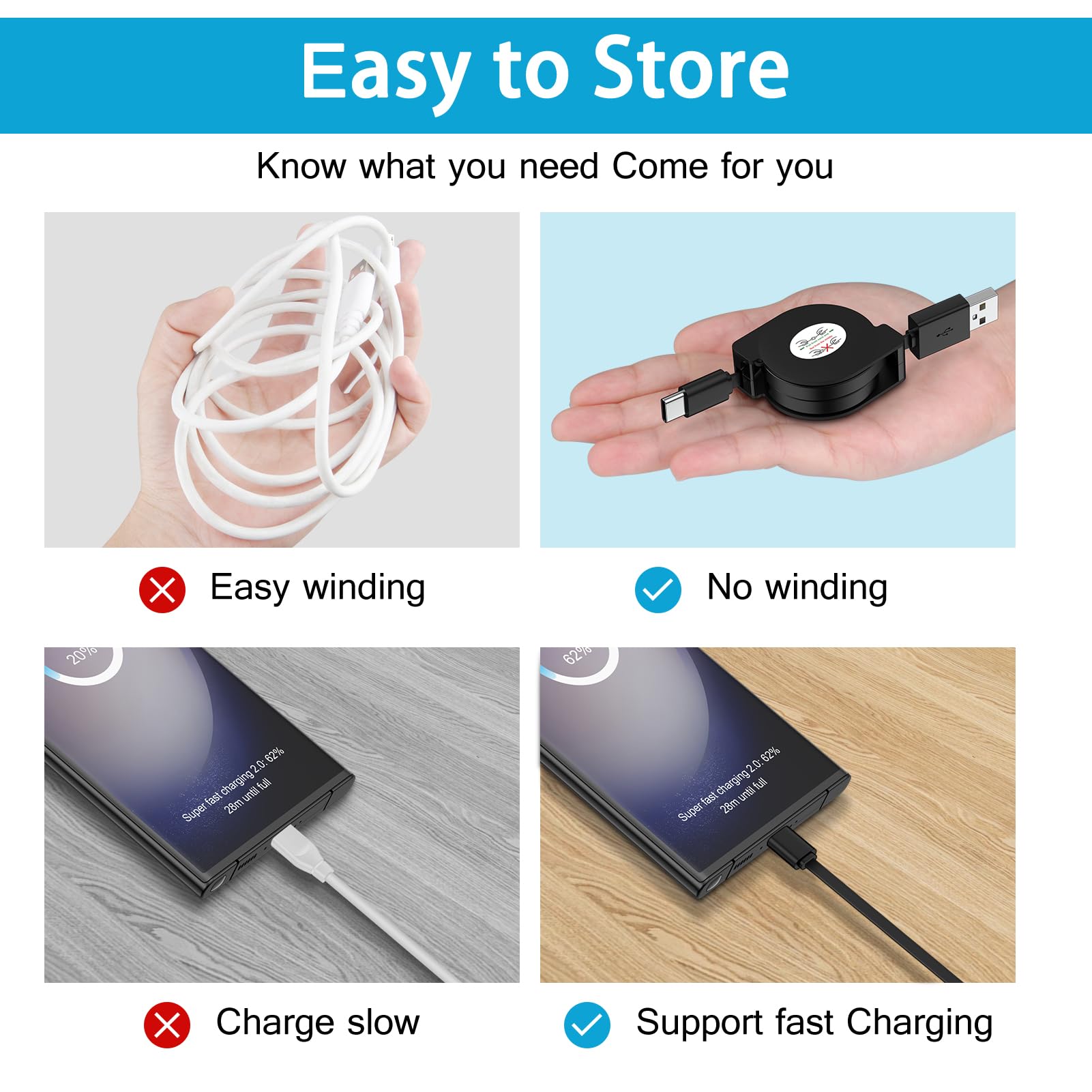 Cable USB C retráctil para coche, 3.3 pies, paquete de 3 unidades de teléfono Android USB C a USB A, cable de carga rápida para Samsung Galaxy S24/S24 Ultra/S23/S25/S25+, cable retráctil tipo C para