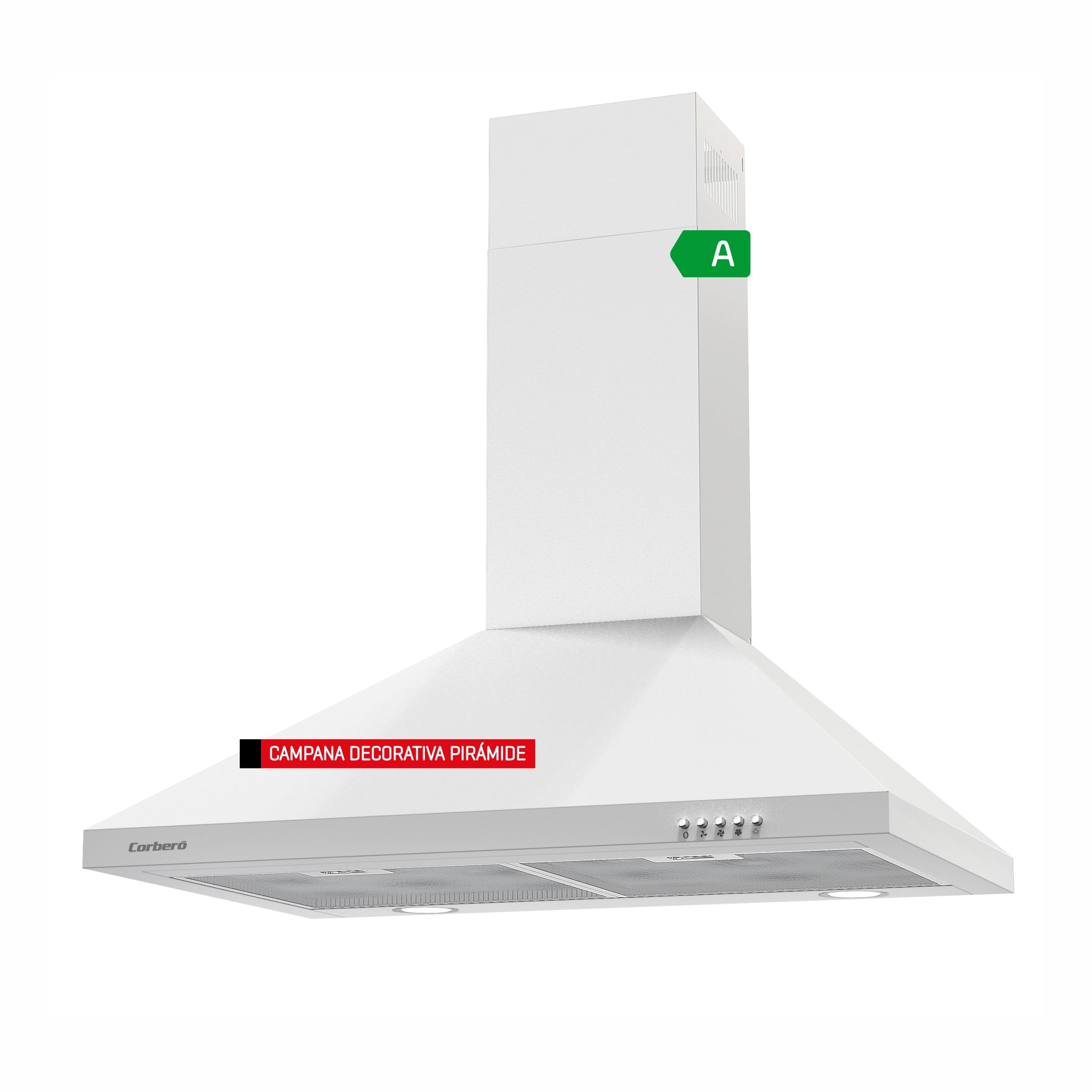 Corbero - Campana Decorativa Pirámide | KURAMATHI760W | Caudal de 621,71 m3/h | 165W | 3 Velocidades | 2 Filtros de Aluminio | Filtro de Carbón | Eficiencia Energética A, Blanco, 70 cm