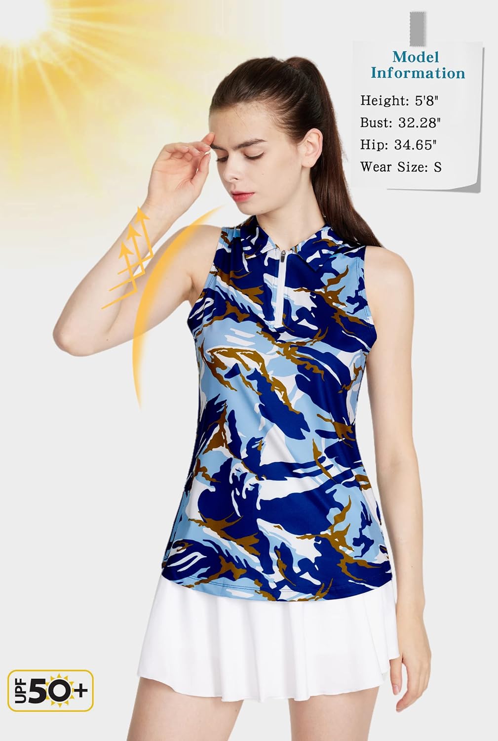 CQC Women's Sleeveless Golf Shirts Quick Dry Floral Athletic Polo with Collar Zip Up Lightweight Tennis Tank Tops Blue Camo L