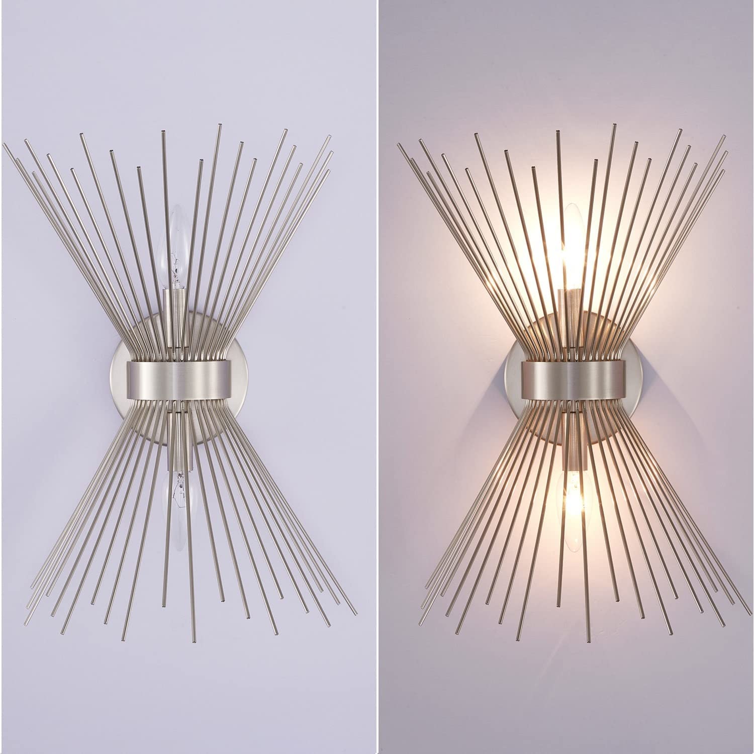 Zlierop Wall Sconces 2 Light, Starburst Sconces Wall Lighting, Brushed Nickel Bathroom Sconces, Mid Century Modern Wall Sconce, Wall Lamp for Bedroom, Bathroom, Powder Room, Stairwell, 1 Pack