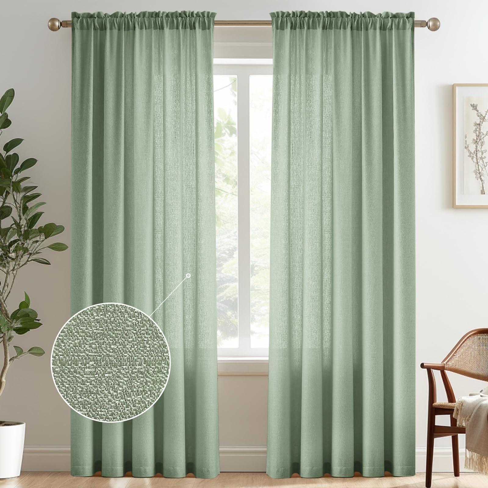 Rideaux semi-transparents vert sauge Melodieux contre le vis-à-vis salon 243cm