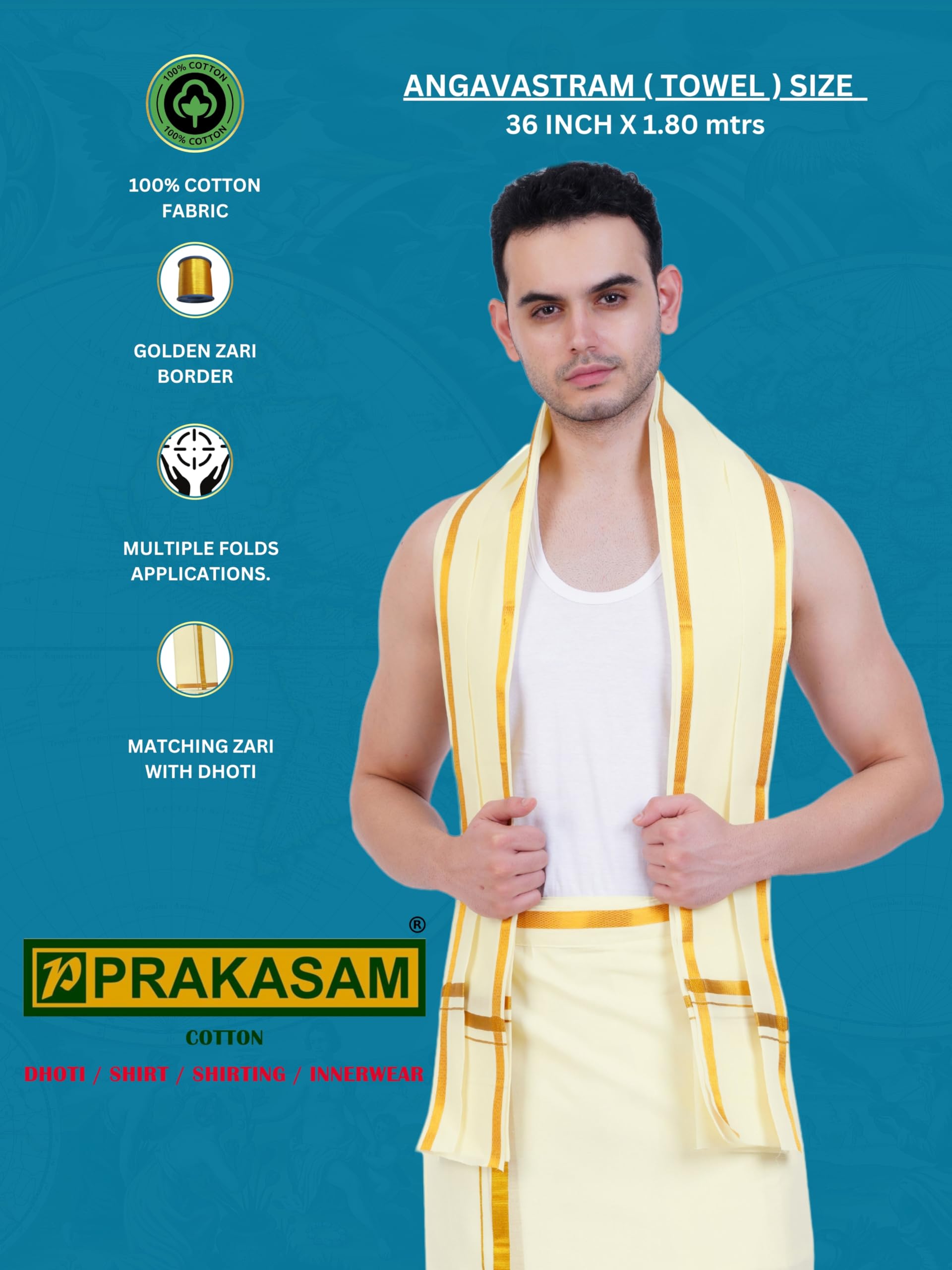 Prakasam Cotton Mens White Colour Zari Cotton Welcro Pocket Jumbo Dhoti With Matching Towel (Cream, 56)