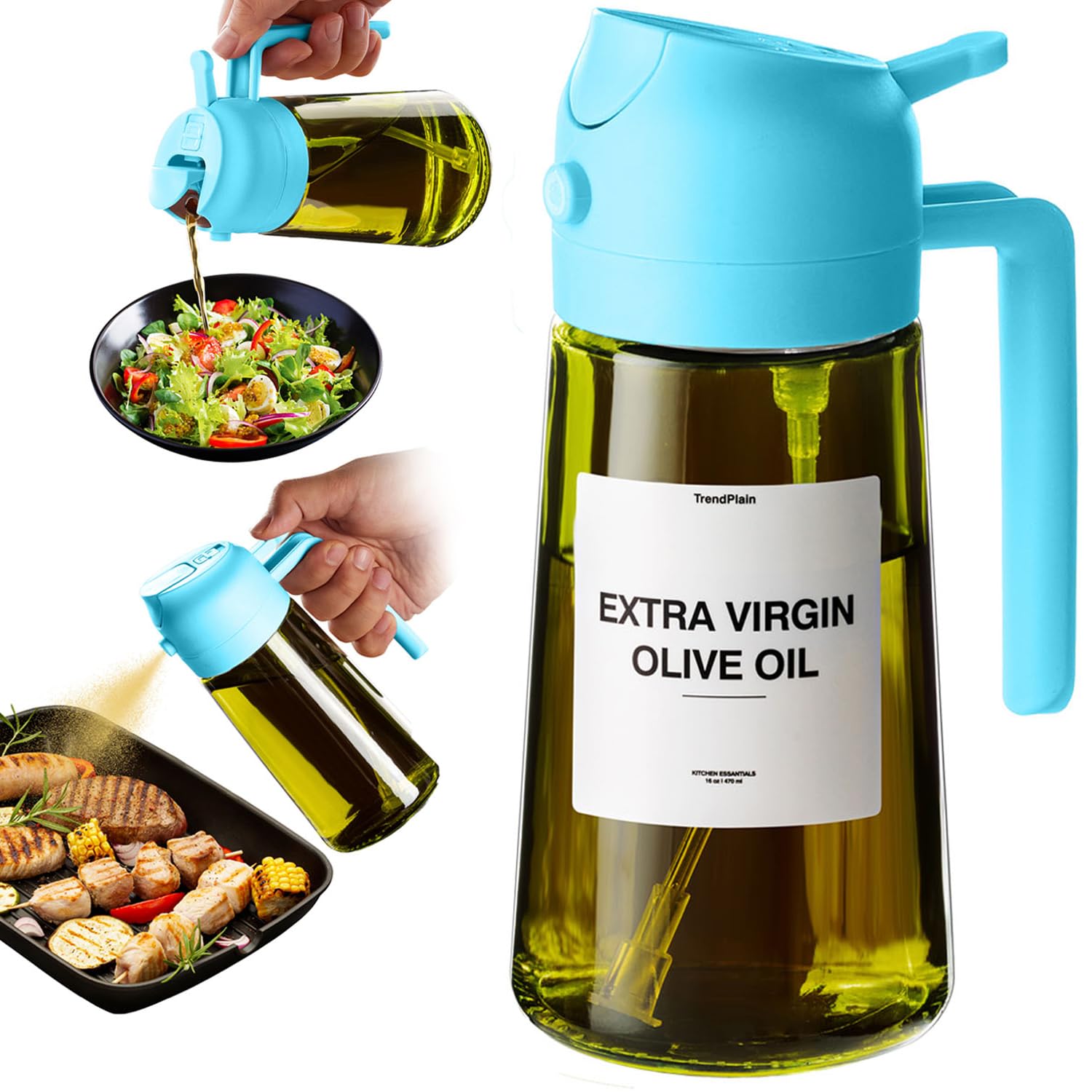 TrendPlain - Original 16oz/470ml Olive Oil Dispenser Bottle for Kitchen Gadgets and Air Fryer Accessories - Olive Oil Sprayer for Cooking w/Stickers - Sky Blue
